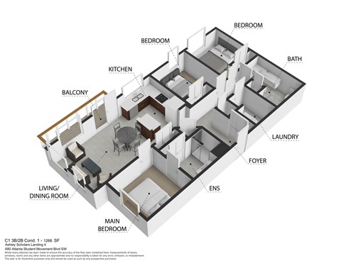 Floor plan for 3 beds, 2 baths, 1351 sqft